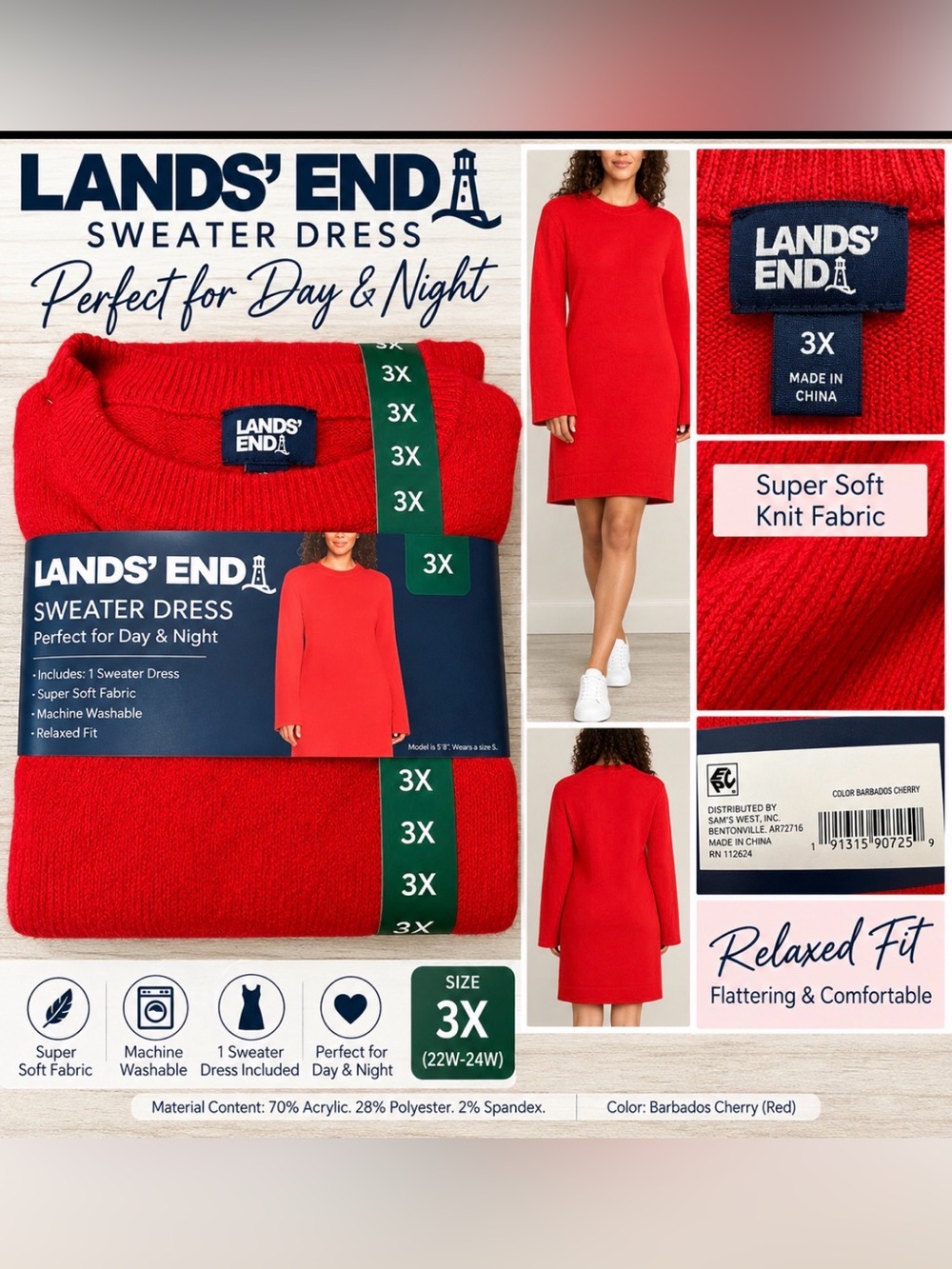 Lands’ End Women’s Sweater Dress 3X 22W-24W Barbados Cherry Red NWT